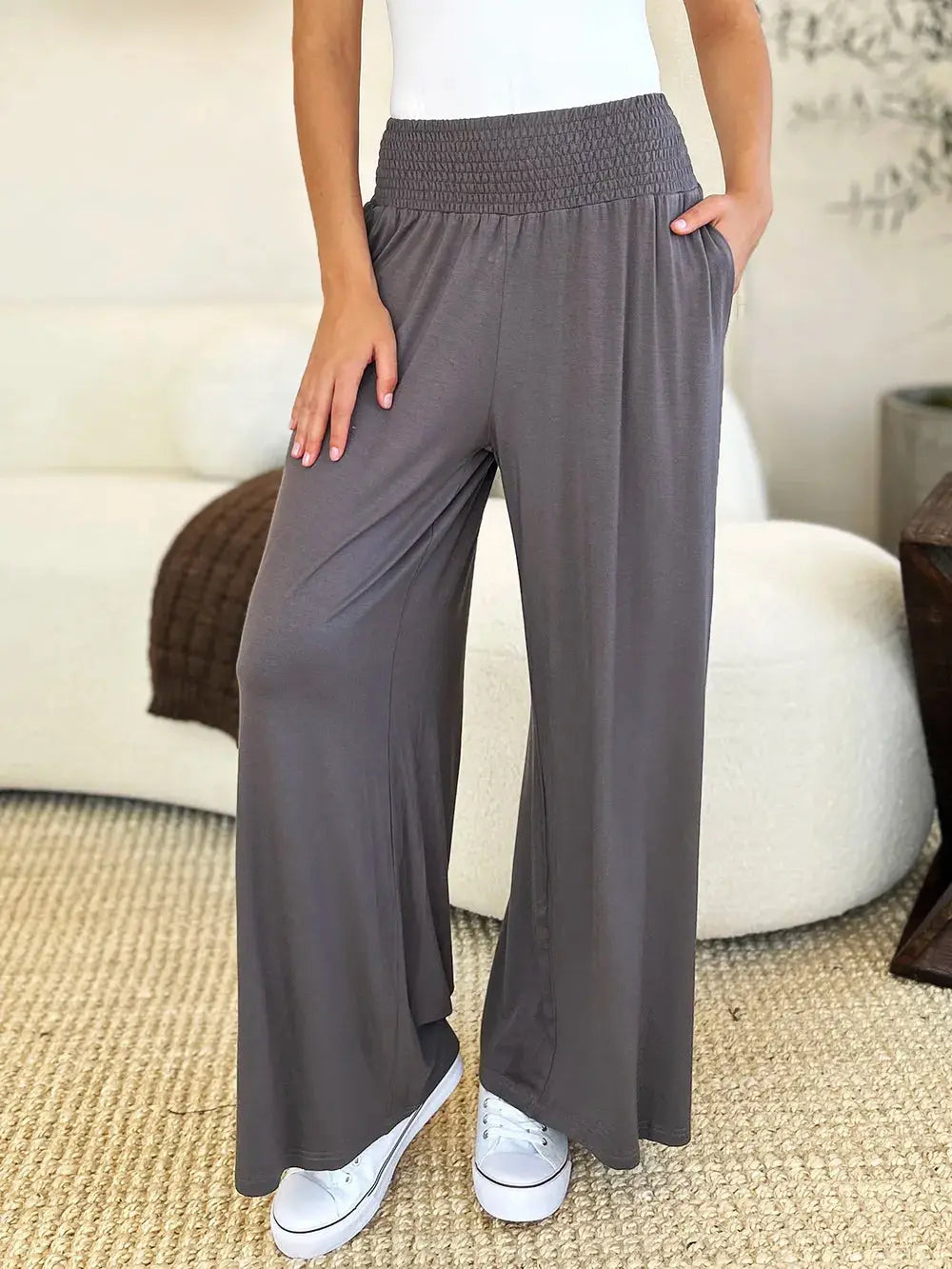 Basic Bae Full Size Smocked Wide Waistband Wide Leg Pants - Love Salve